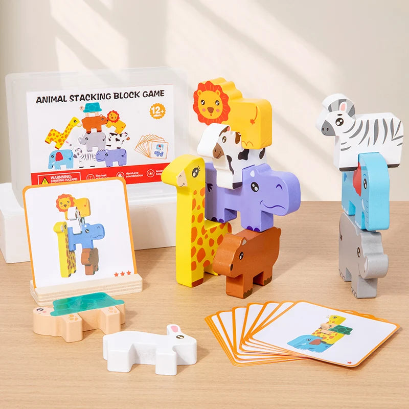 Jeu d'Empilage Animaux en Bois Montessori – Puzzle Équilibre 3 ans+