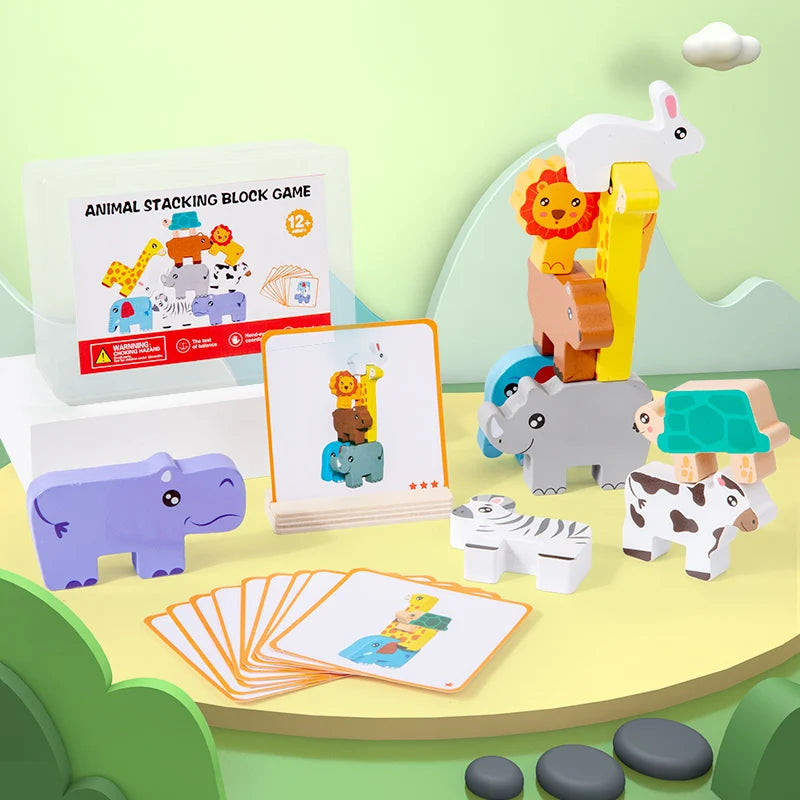 Jeu d'Empilage Animaux en Bois Montessori – Puzzle Équilibre 3 ans+