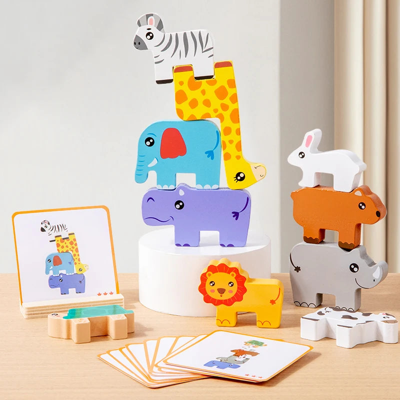 Jeu d'Empilage Animaux en Bois Montessori – Puzzle Équilibre 3 ans+