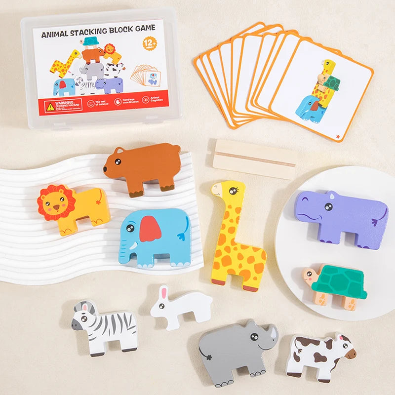 Jeu d'Empilage Animaux en Bois Montessori – Puzzle Équilibre 3 ans+